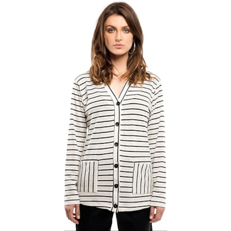 CARDIGAN DE MALHA  WALK TREND LISTRADO ALONGADO - P&B CARDIGAN DE MALHA  WALK TREND LISTRADO ALONGADO - P&B