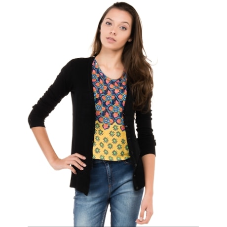 CARDIGAN TRICOT BÁSICO PUCCINI DECOTE V - PRETO CARDIGAN TRICOT BÁSICO PUCCINI DECOTE V - PRETO