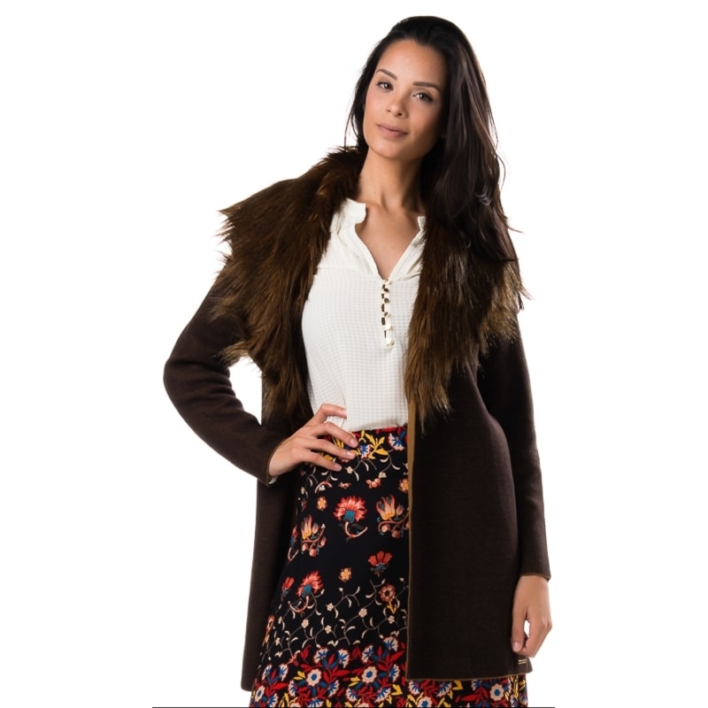 CASACO AMBICIONE TRICOT GOLA PELE FAKE - MARROM CASACO AMBICIONE TRICOT GOLA PELE FAKE - MARROM