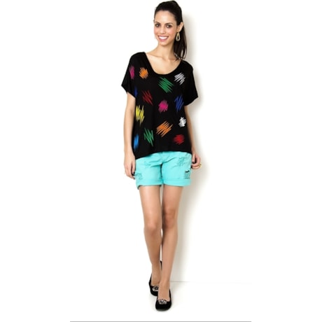 CHARI - BLUSA MALHA MULLET M/C RABISCOS - PRETO