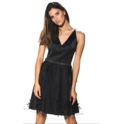 CHITA CHIC - VESTIDO DE FESTA CURTO ACETINADO TULE RELEVO FOLHAS BORDADO - PRETO