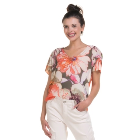 CHOLET - BLUSA AMPLA CREPE ESTAMPA FLORAL DECOTE V - LARANJA