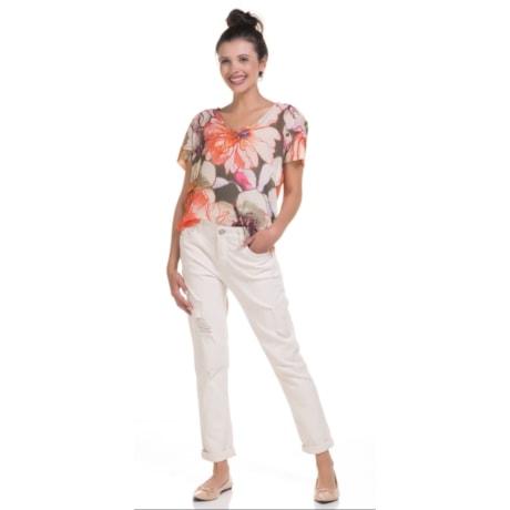 CHOLET - BLUSA AMPLA CREPE ESTAMPA FLORAL DECOTE V - LARANJA