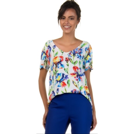 CHOLET - BLUSA AMPLA CREPE ESTAMPA FLORAL DECOTE V - OFF WHITE CHOLET - BLUSA AMPLA CREPE ESTAMPA FLORAL DECOTE V - OFF WHITE