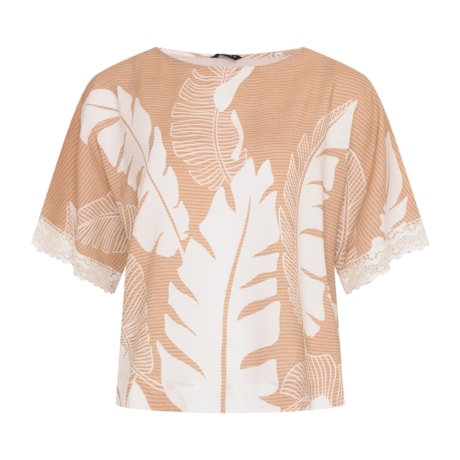 CHOLET - BLUSA AMPLA VISCOSE ESTAMPADA COM DETALHE DE RENDA NA BARRA CHOLET - BLUSA AMPLA VISCOSE ESTAMPADA COM DETALHE DE RENDA NA BARRA