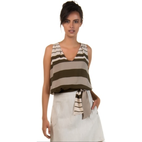 CHOLET - BLUSA CHIFFON LISTRADA DECOTE V COM FAIXA - MILITAR