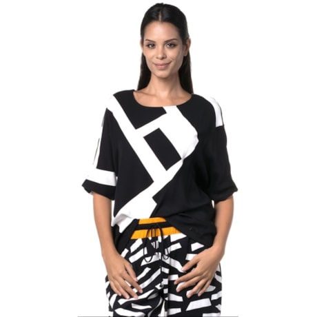 CHOLET - BLUSA CREPE ESTAMPA GEOMETRICA RECORTE - P&B