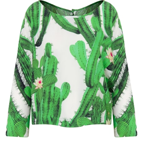 CHOLET - BLUSA CROPPED ESTAMPA CACTO MANGA MORCEGO - VERDE