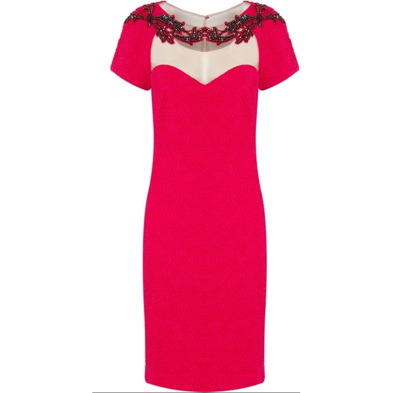 CHOLET - VESTIDO DE FESTA  CURTO TEXTURIZADO DECOTE BORDADO E TULE - FÚCSIA