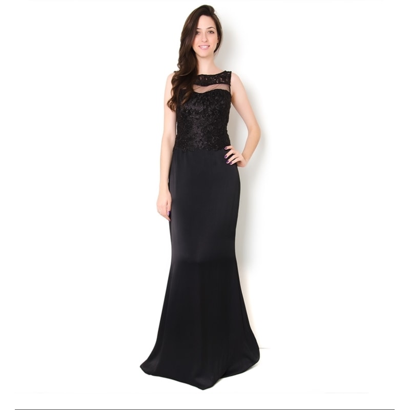CHOLET - VESTIDO DE FESTA LONGO BUSTO RENDA E TULE - PRETO