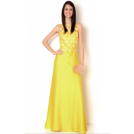 CHOLET - VESTIDO DE FESTA LONGO CORPO EM RENDA E SAIA EVASÊ EM CETIM - AMARELO CHOLET - VESTIDO DE FESTA LONGO CORPO EM RENDA E SAIA EVASÊ EM CETIM - AMARELO