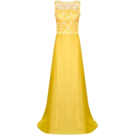 CHOLET - VESTIDO DE FESTA LONGO CORPO EM RENDA E SAIA EVASÊ EM CETIM - AMARELO CHOLET - VESTIDO DE FESTA LONGO CORPO EM RENDA E SAIA EVASÊ EM CETIM - AMARELO