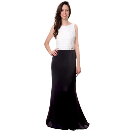 CHOLET - VESTIDO DE FESTA LONGO CORPO QUADRICULADO C/GUIPURE CINTURA - P&B CHOLET - VESTIDO DE FESTA LONGO CORPO QUADRICULADO C/GUIPURE CINTURA - P&B