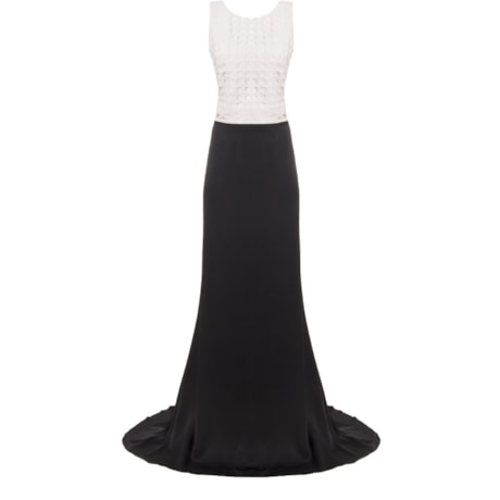 CHOLET - VESTIDO DE FESTA LONGO CORPO QUADRICULADO C/GUIPURE CINTURA - P&B CHOLET - VESTIDO DE FESTA LONGO CORPO QUADRICULADO C/GUIPURE CINTURA - P&B