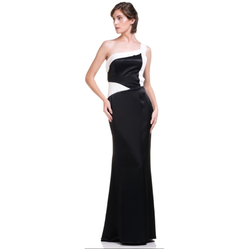CHOLET - VESTIDO DE FESTA LONGO CREPE ACETINADO BICOLOR UM OMBRO SÓ - PRETO