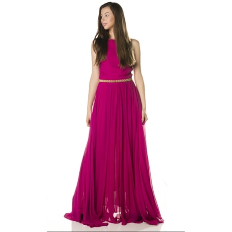CHOLET - VESTIDO DE FESTA LONGO CREPE FLUIDO DECOTE NADADOR COM CINTO - FÚCSIA CHOLET - VESTIDO DE FESTA LONGO CREPE FLUIDO DECOTE NADADOR COM CINTO - FÚCSIA