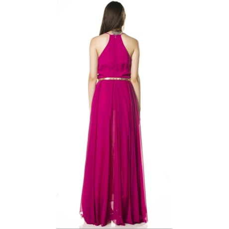 CHOLET - VESTIDO DE FESTA LONGO CREPE FLUIDO DECOTE NADADOR COM CINTO - FÚCSIA CHOLET - VESTIDO DE FESTA LONGO CREPE FLUIDO DECOTE NADADOR COM CINTO - FÚCSIA