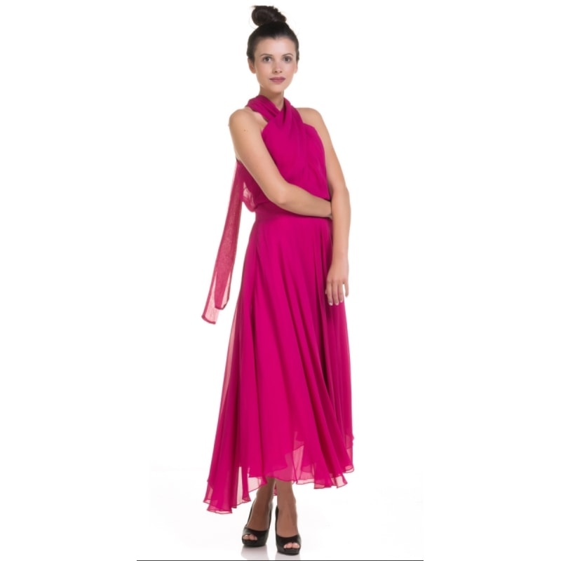 CHOLET - VESTIDO DE FESTA MIDI CHIFFON PREGAS TRANSPASSE COSTAS - FÚCSIA