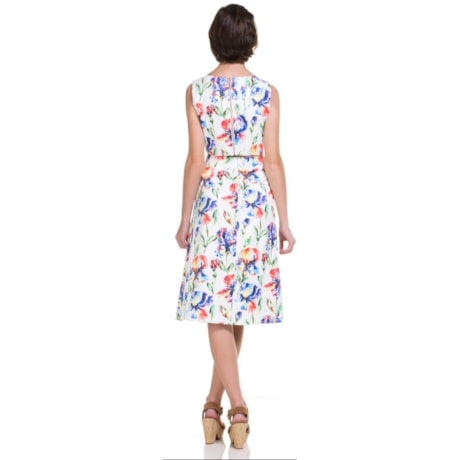 CHOLET - VESTIDO DE FESTA MIDI FLORAL RECORTES COSTAS SAIA PREGAS - OFF WHITE