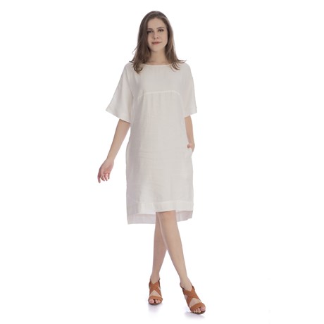 CHOLET - Vestido de Linho com Detalhe Recorte Off White