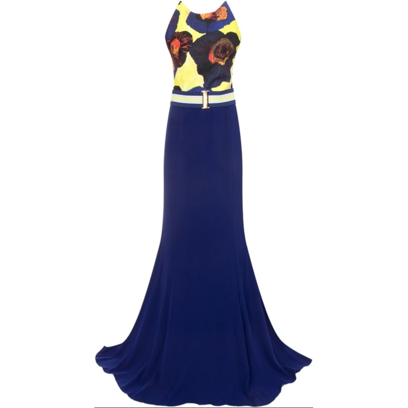 CHOLET - VESTIDO LONGO CORPO ESTAMPA ORQUIDEA - AZUL ROYAL