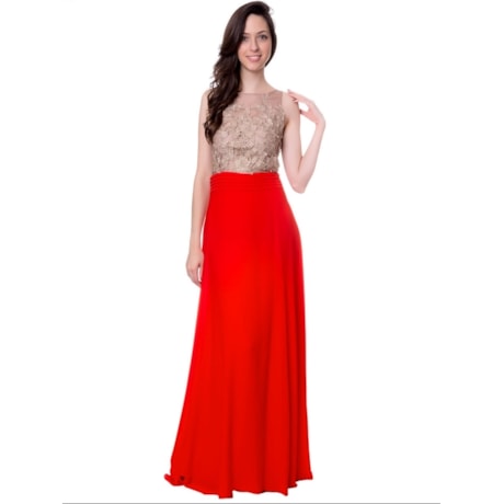CHOLET - VESTIDO LONGO CORPO TELA COM GUIPURE BORDADO - LARANJA CHOLET - VESTIDO LONGO CORPO TELA COM GUIPURE BORDADO - LARANJA