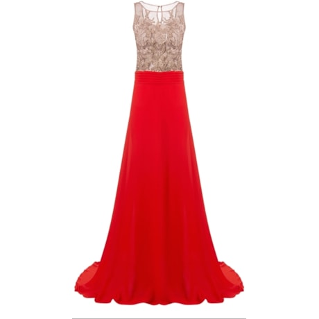 CHOLET - VESTIDO LONGO CORPO TELA COM GUIPURE BORDADO - LARANJA CHOLET - VESTIDO LONGO CORPO TELA COM GUIPURE BORDADO - LARANJA