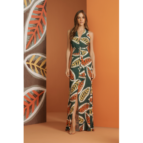 CHOLET - VESTIDO LONGO DECOTE V COM ABERTURA FRONTAL ESTAMPADO CHOLET - VESTIDO LONGO DECOTE V COM ABERTURA FRONTAL ESTAMPADO