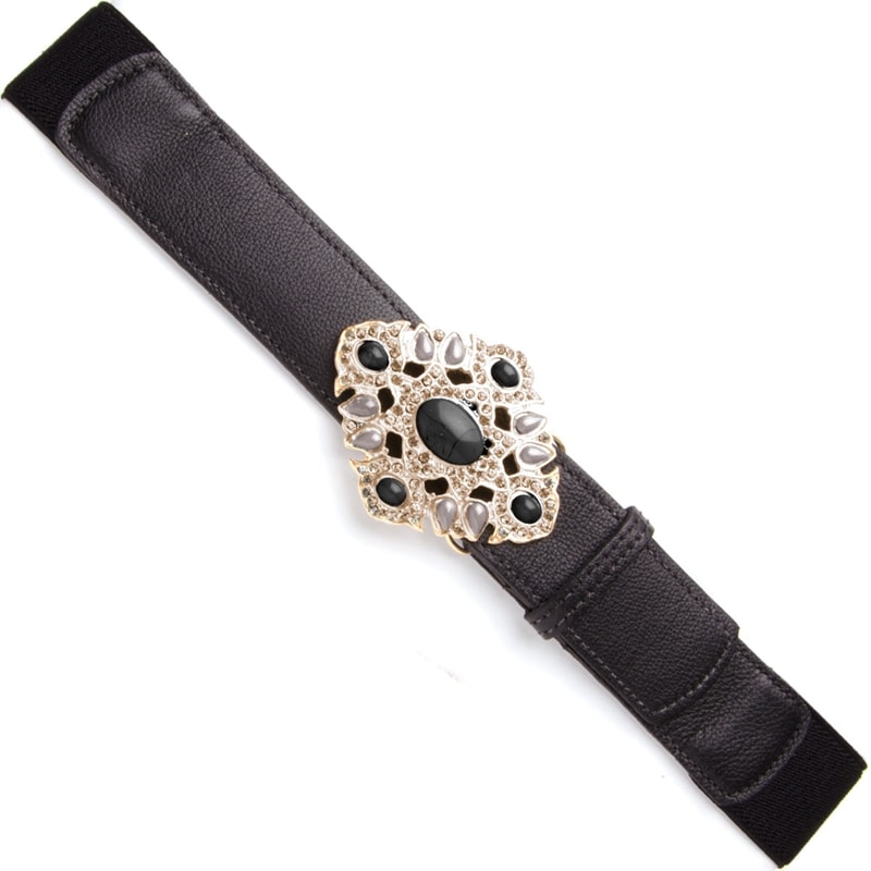 CINTO ELÁSTICO COM FIVELA LOSANGO PEDRAS E STRASS - PRETO
