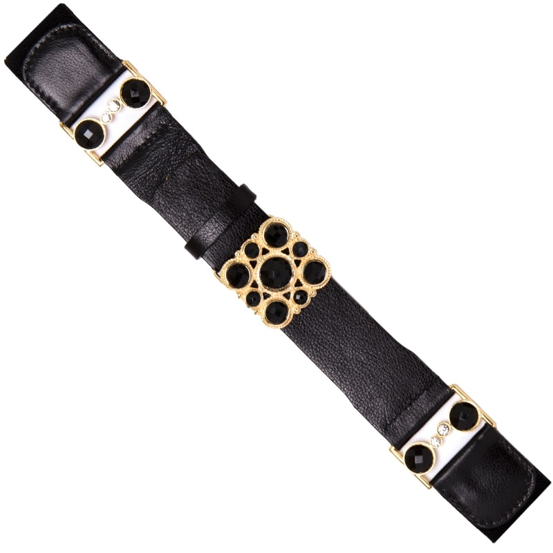 CINTO ELÁSTICO COURO C/ RESINA E STRASS - PRETO