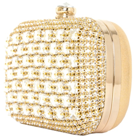 CLUTCH FRENTE STRASS + CHATONS FECHO CRISTAL COM COSTAS LISA - DOURADO