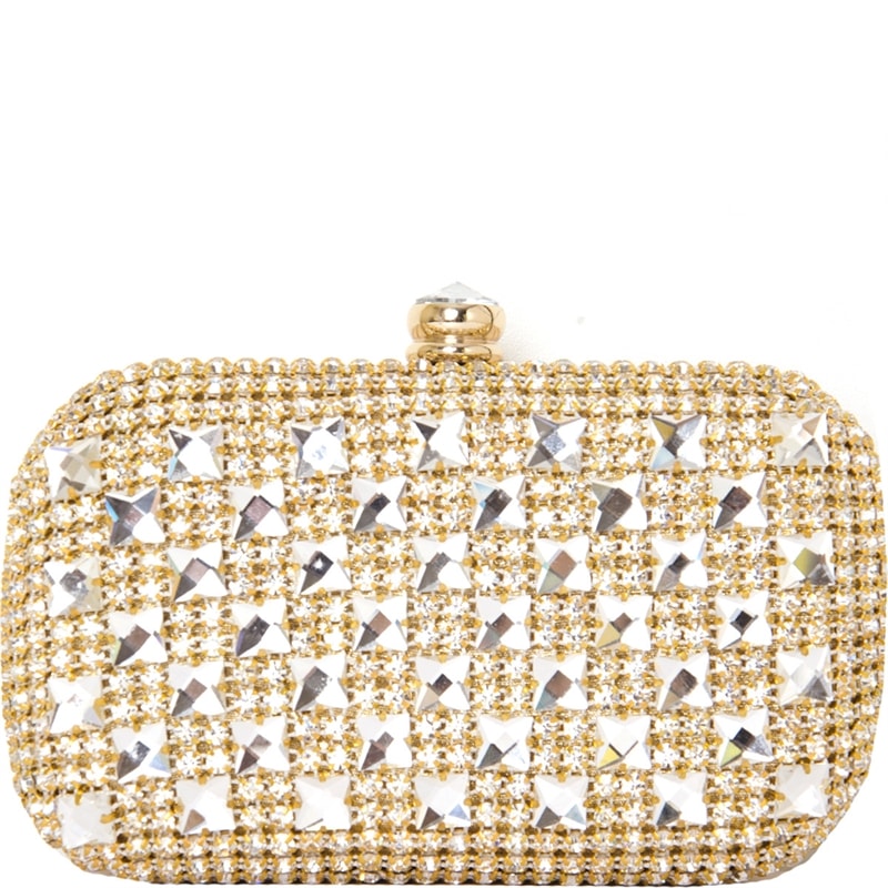CLUTCH FRENTE STRASS + CHATONS FECHO CRISTAL COM COSTAS LISA - DOURADO