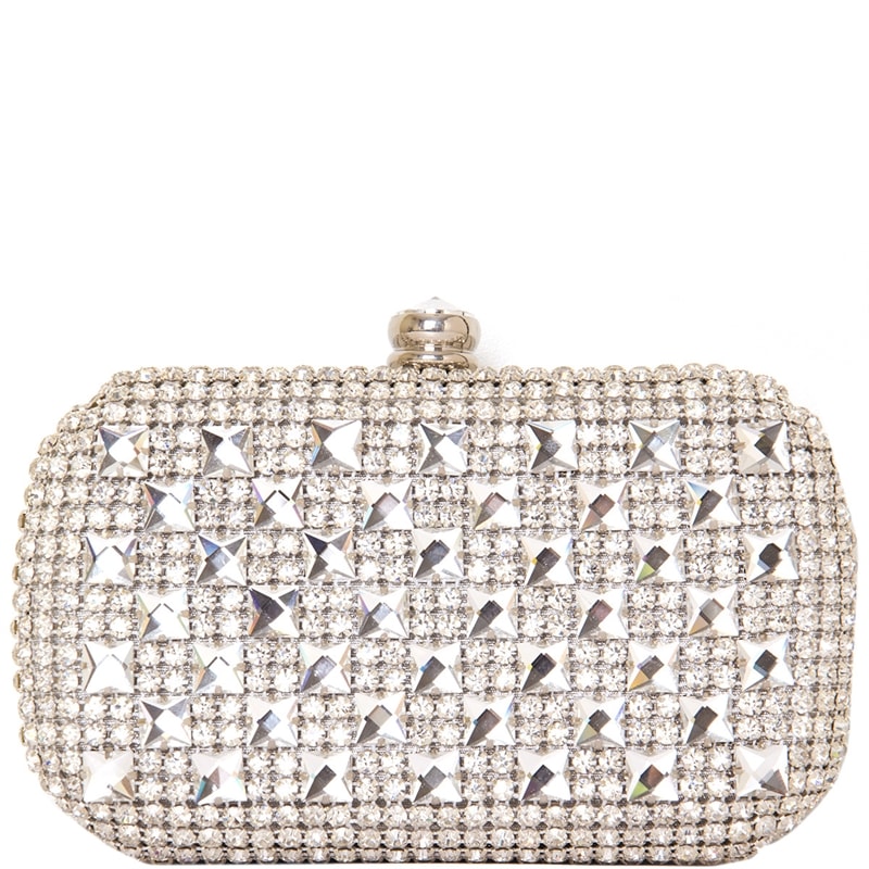 CLUTCH FRENTE STRASS + CHATONS FECHO CRISTAL COM COSTAS LISA - PRATA