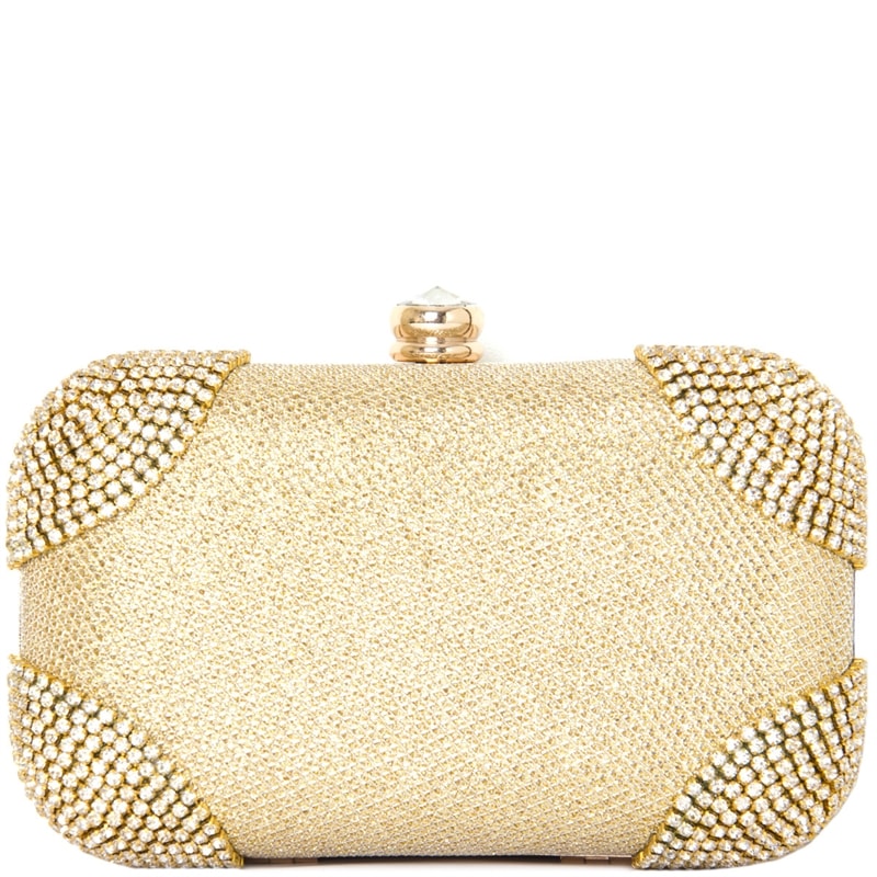 CLUTCH PEQUENA GLITTER E STRASS NOS CANTOS - DOURADO