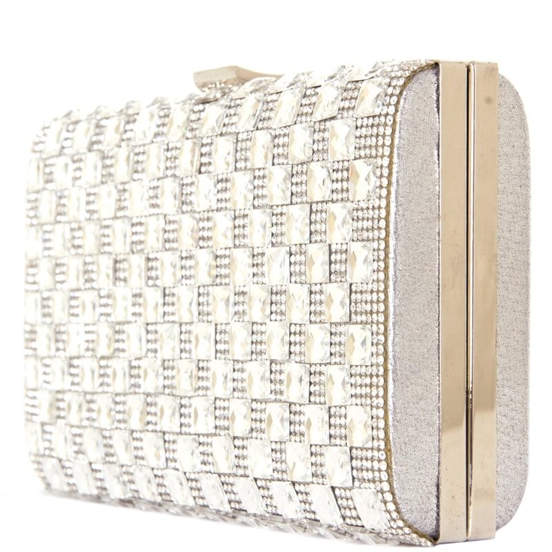 CLUTCH RETANGULAR GRANDE MICRO STRASS COM PLACAS - PRATA