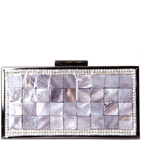 CLUTCH RETANGULAR MADRE PÉROLA/ STRASS - PRETO