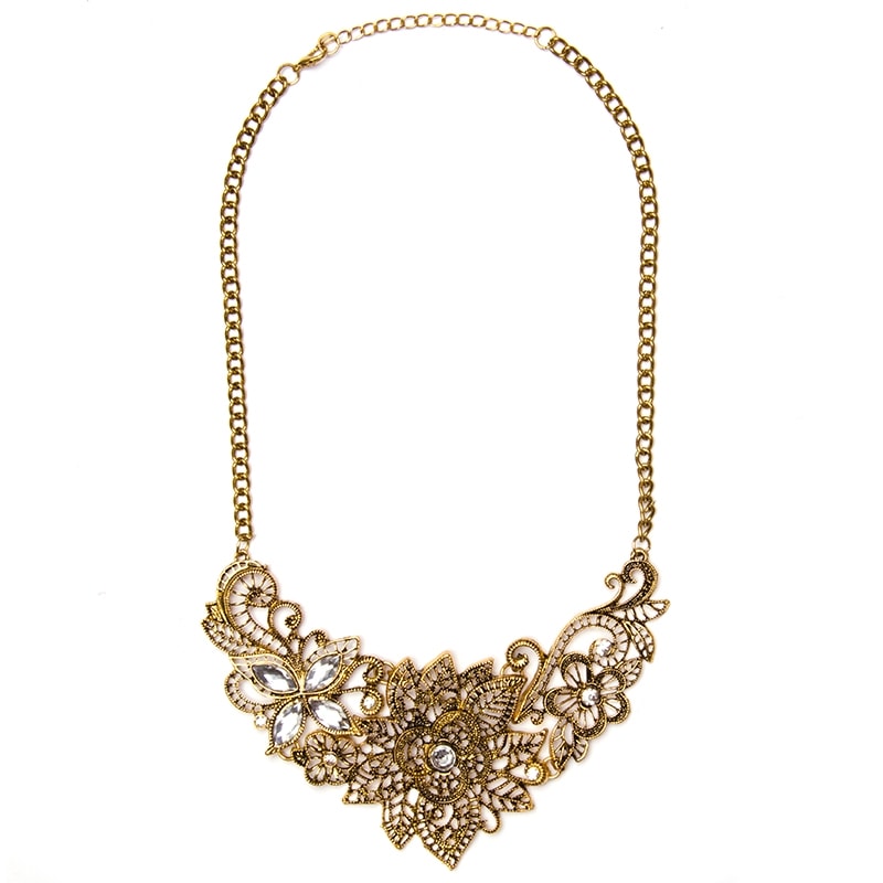 COLAR FOLHAS VAZADAS C/ STRASS - OURO VELHO