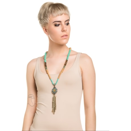 COLAR LONGO DE CONTAS E CRISTAL TASSEL STRASS E CORRENTE - VERDE