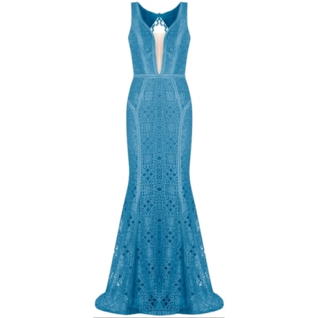 DOLPS - VESTIDO DE FESTA LONGO RENDA TRABALHADA DETALHE TULE - AZUL DOLPS - VESTIDO DE FESTA LONGO RENDA TRABALHADA DETALHE TULE - AZUL