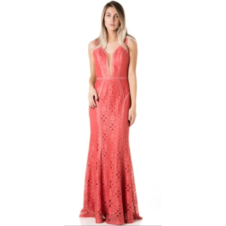 DOLPS - VESTIDO DE FESTA LONGO RENDA TRABALHADA DETALHE TULE - CORAL DOLPS - VESTIDO DE FESTA LONGO RENDA TRABALHADA DETALHE TULE - CORAL