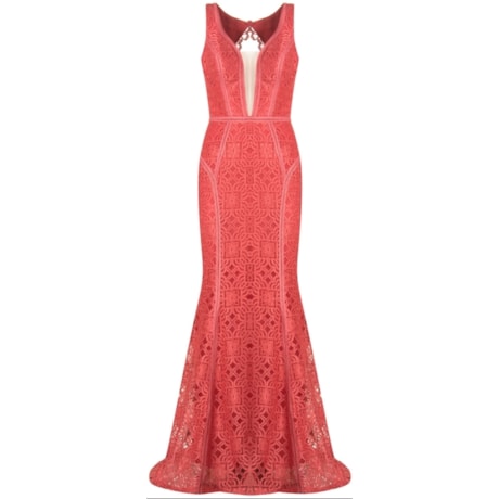 DOLPS - VESTIDO DE FESTA LONGO RENDA TRABALHADA DETALHE TULE - CORAL DOLPS - VESTIDO DE FESTA LONGO RENDA TRABALHADA DETALHE TULE - CORAL