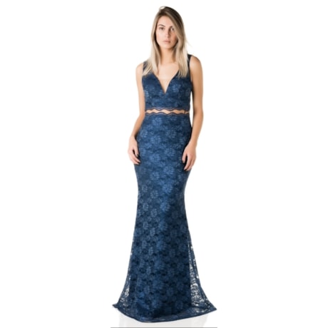 DOLPS - VESTIDO DE FESTA LONGO RENDA TRANSPARÊNCIA TULE - MARINHO DOLPS - VESTIDO DE FESTA LONGO RENDA TRANSPARÊNCIA TULE - MARINHO