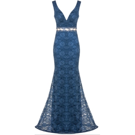 DOLPS - VESTIDO DE FESTA LONGO RENDA TRANSPARÊNCIA TULE - MARINHO DOLPS - VESTIDO DE FESTA LONGO RENDA TRANSPARÊNCIA TULE - MARINHO