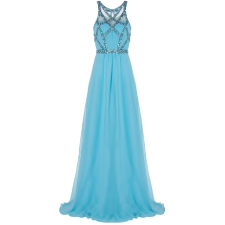 FAVIANA - VESTIDO DE FESTA LONGO CHIFFON BUSTO TULE BORDADO - SALMÃO