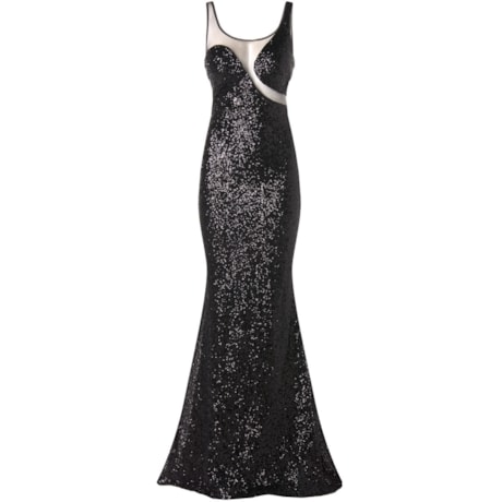 FAVIANA - VESTIDO LONGO DE FESTA PAETÊS TRANSPARÊNCIA ASSIMÉTRICA - PRETO