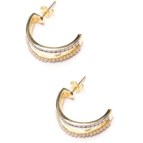 GUYMY - BRINCO FOLHEADO A OURO MEIA ARGOLA MICRO ZIRCÔNIA E PÉROLAS - DOURADO