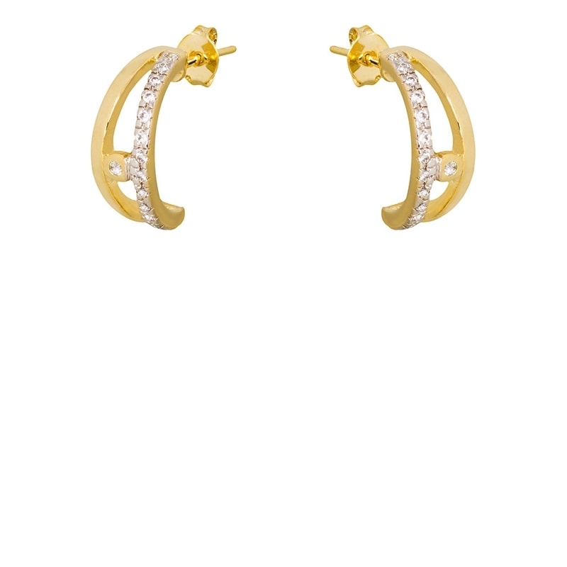 GUYMY - BRINCO FOLHEADO A OURO MEIA ARGOLA TIRAS MICRO ZIRCÔNIA - DOURADO