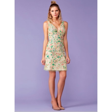 IZA.D - VESTIDO DE FESTA CURTO TULE RELEVO BORDADO DECOTE V - VERDE ÁGUA IZA.D - VESTIDO DE FESTA CURTO TULE RELEVO BORDADO DECOTE V - VERDE ÁGUA
