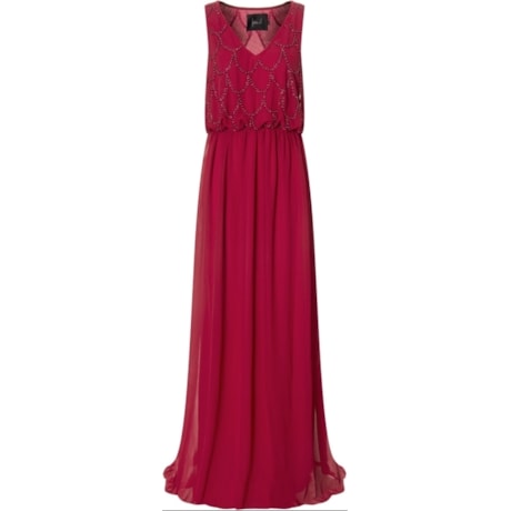 IZA.D - VESTIDO DE FESTA LONGO BLUSADO ALCAS LARGAS BUSTO BORDADO
 - FÚCSIA
