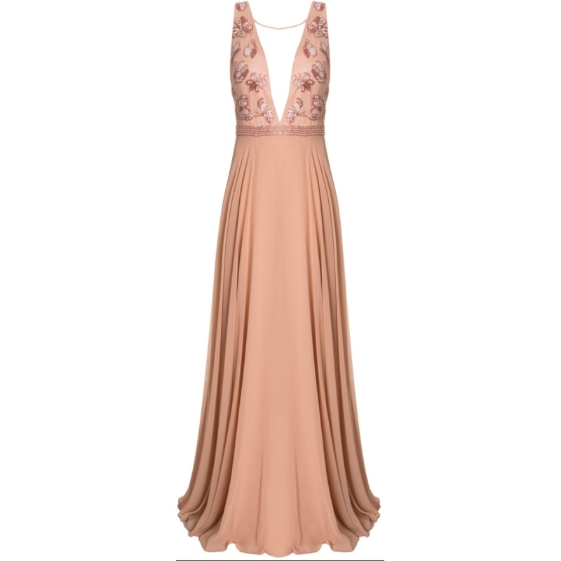 IZA.D - VESTIDO DE FESTA LONGO CORPO BORDADO BORBOLETAS - NUDE